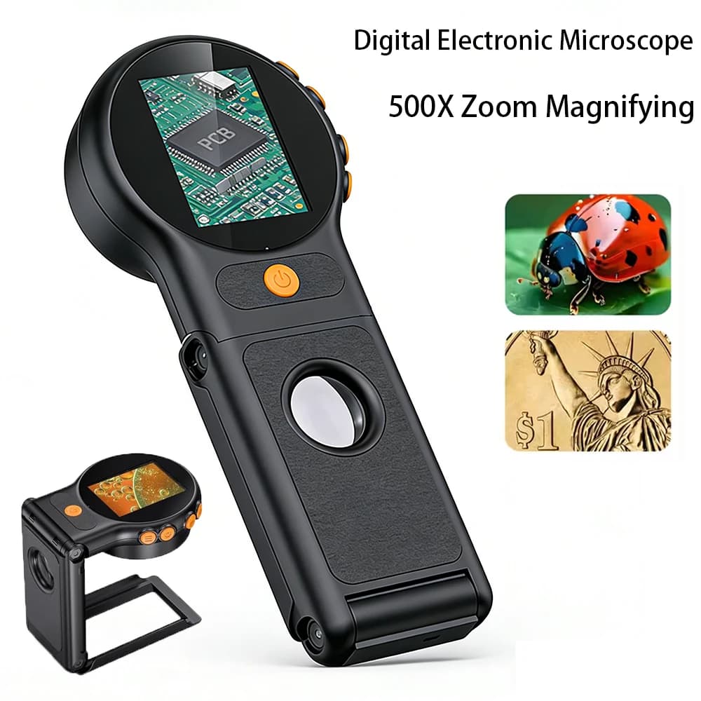 Microscopio Digitale Elettronico 500X con Schermo da 2.0 Pollici, Lente d'Ingrandimento Portatile Pieghevole 2MP, Microscopio Video con 8 LED