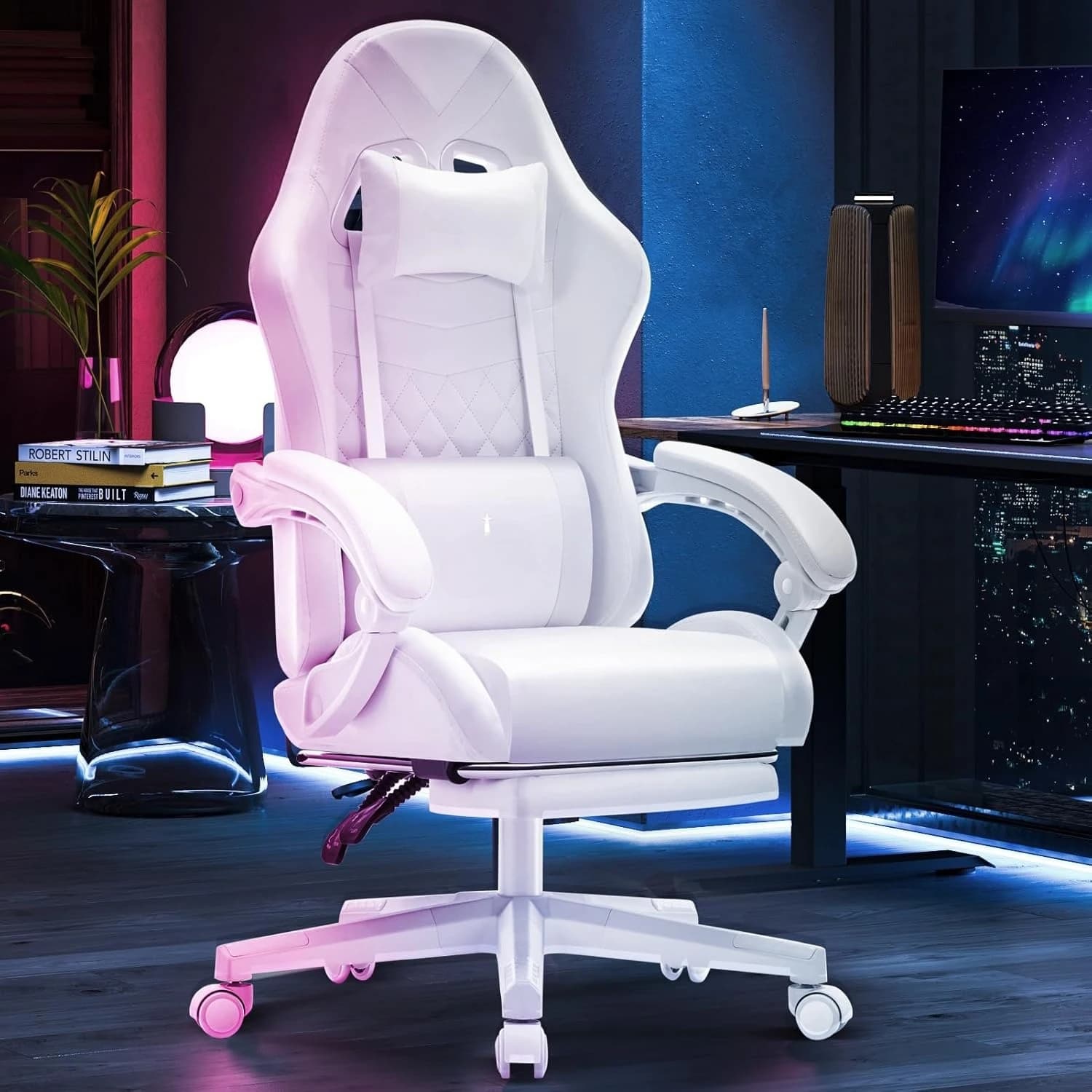 Sedia da Gaming, Sedia Ergonomica da Ufficio con Massaggio e Poggiapiedi, Reclinabile in Pelle, Regolabile per Giocatori