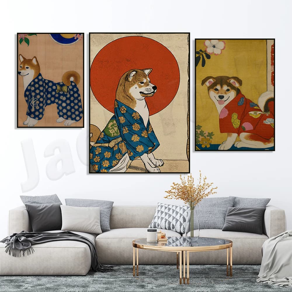 Shiba Inu Red Kimono Ukiyo-e Poster, arte giapponese Canvas Painting Poster Wall Art Picture for Living Room Bedroom Home Decor Dog