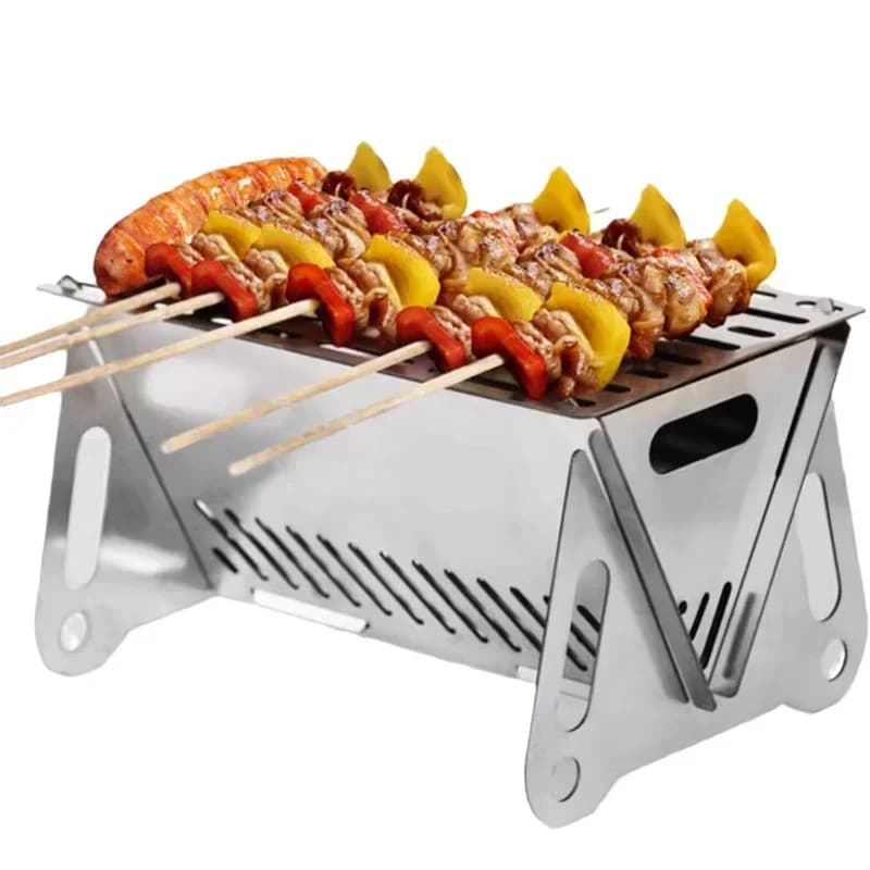 Stufa da campo a legna Fornello da picnic per barbecue Stufa da zaino pieghevole in acciaio inossidabile con stufa a legna con griglia per esterni
