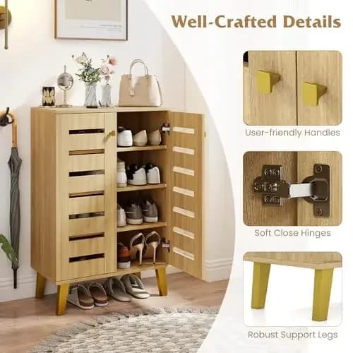 Wooden 4-Tier Freestanding Shoe Cabinet With Double Ventilated Doors, Adjustable Shelves And Sturdy Legs For Entryway Or Hall