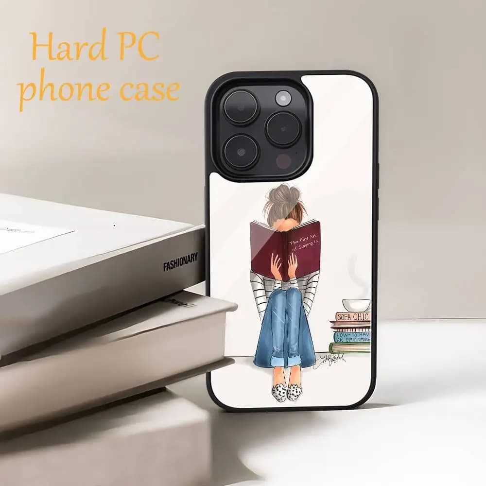 Ragazza che legge un libro Custodia per telefono Moda Ins Custodia per telefono per IPhone 16 15 14 13 12 11 Pro Max Cover rigida per PC HD lucida