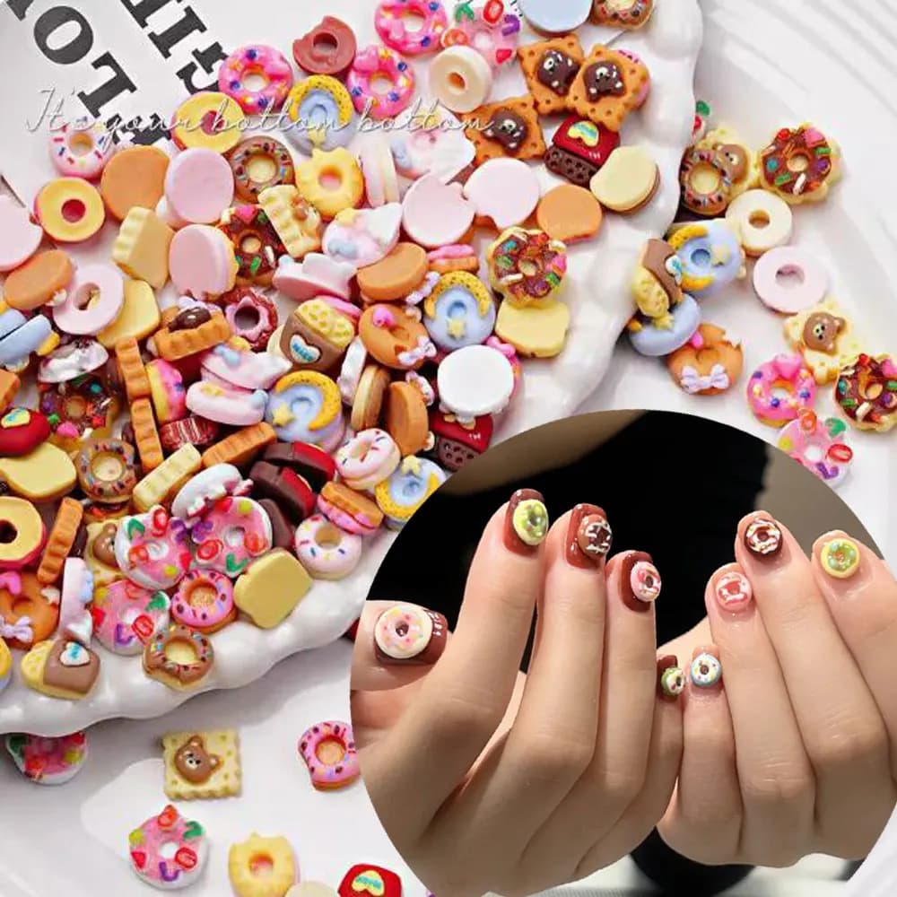 50pcs 3D Cute Donut Ice Cream Nail Charms Resin Sweet Doughnut Candy Cartoon Nail Art Decorations Flatback Nail Art Rhinestones