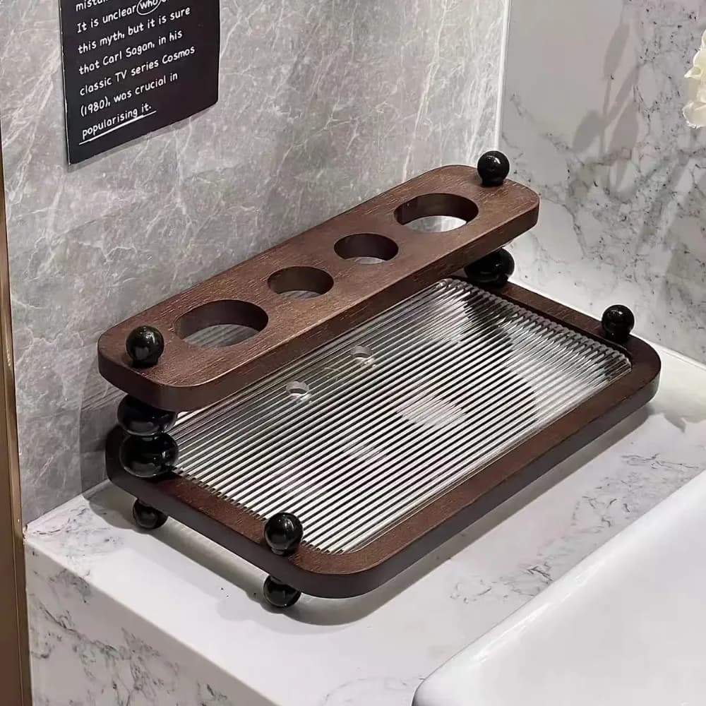Portaspazzolino in legno con vassoio raccogligocce in vetro scanalato, portaoggetti da bagno a 4 scomparti per dentifricio e rasoi, organizer da tavolo