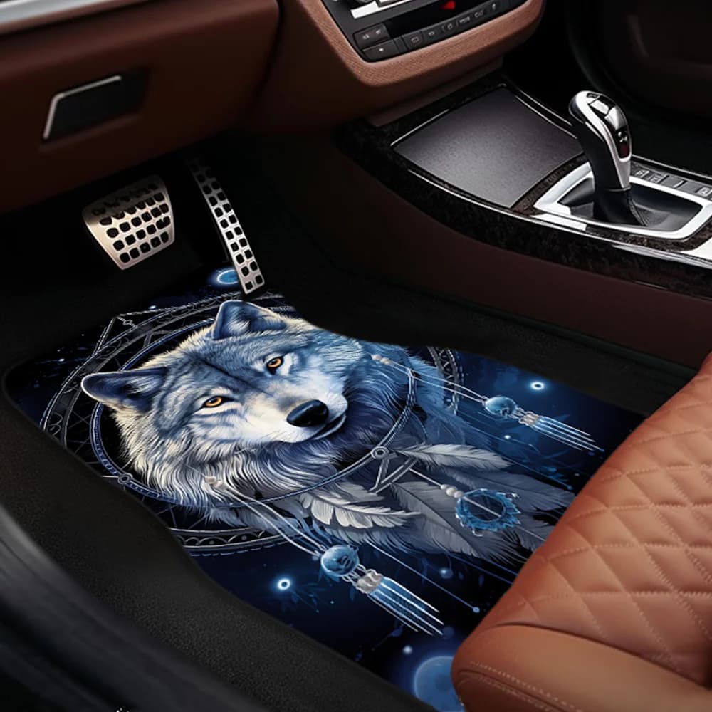 1Pc/2Pcs/4Pcs Polyeste Dreamcatcher Wolf Pattern Car Floor Mats, Non-Slip Car Front And Rear Floor Mat, Car Floor Decoration, Du