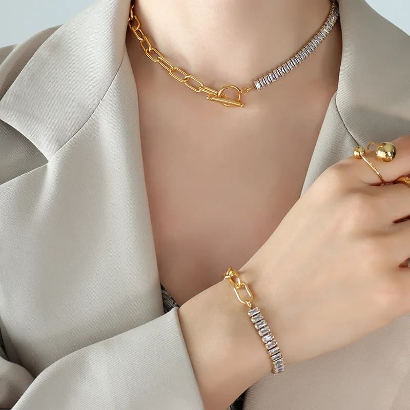 Square Zircon Stainless Steel Necklace Bracelet For Women Gold Plated Waterproof OT Buckle Choker Chain Jewelry Gift