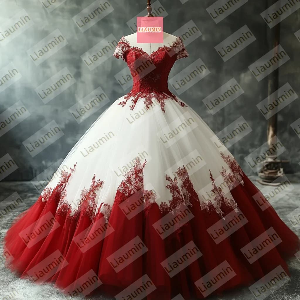 Abito da ballo con lacci in tulle con applicazioni in pizzo bianco e rosso, abito da sera, gonna da ballo formale da sposa, realizzato su misura W19-21.11