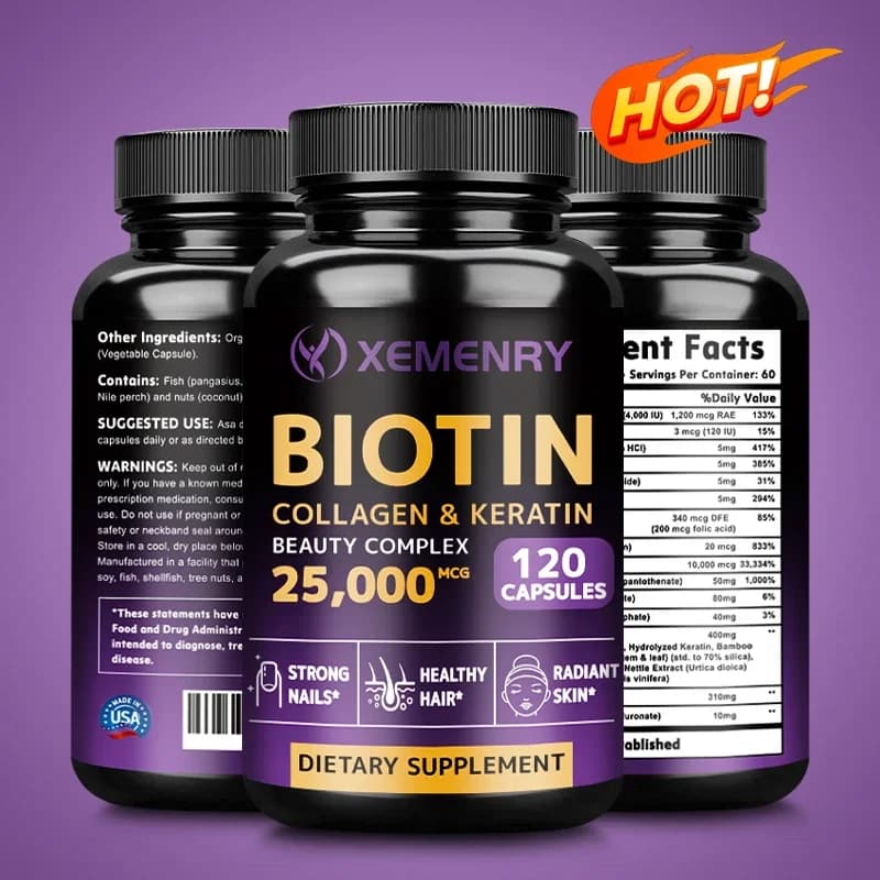 Biotin beauty complex, collagen and keratin: promotes healthy skin and nails