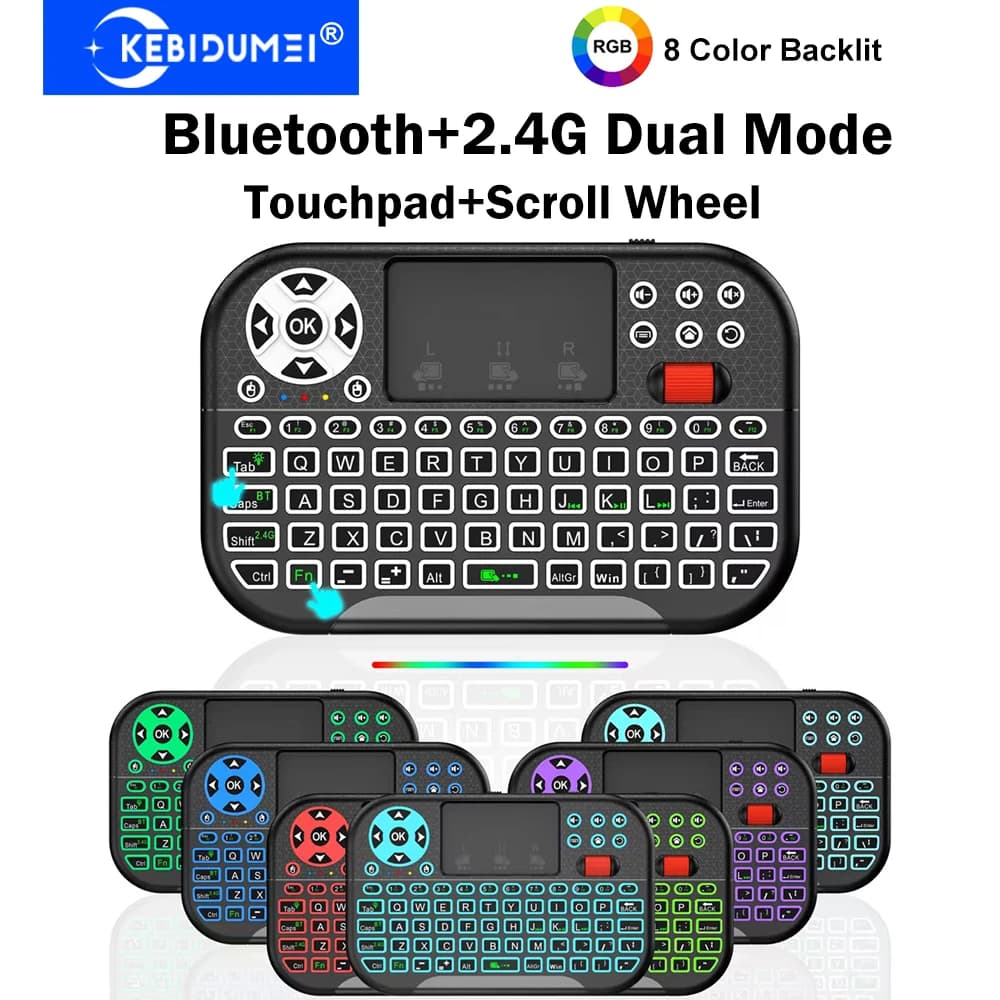 KEBIDUMEI 8 RGB Mini Tastiera Wireless Bluetooth 2.4G Dual Mode Air Mouse Telecomando con Touchpad a Rotella per PC TV Box Proiettore