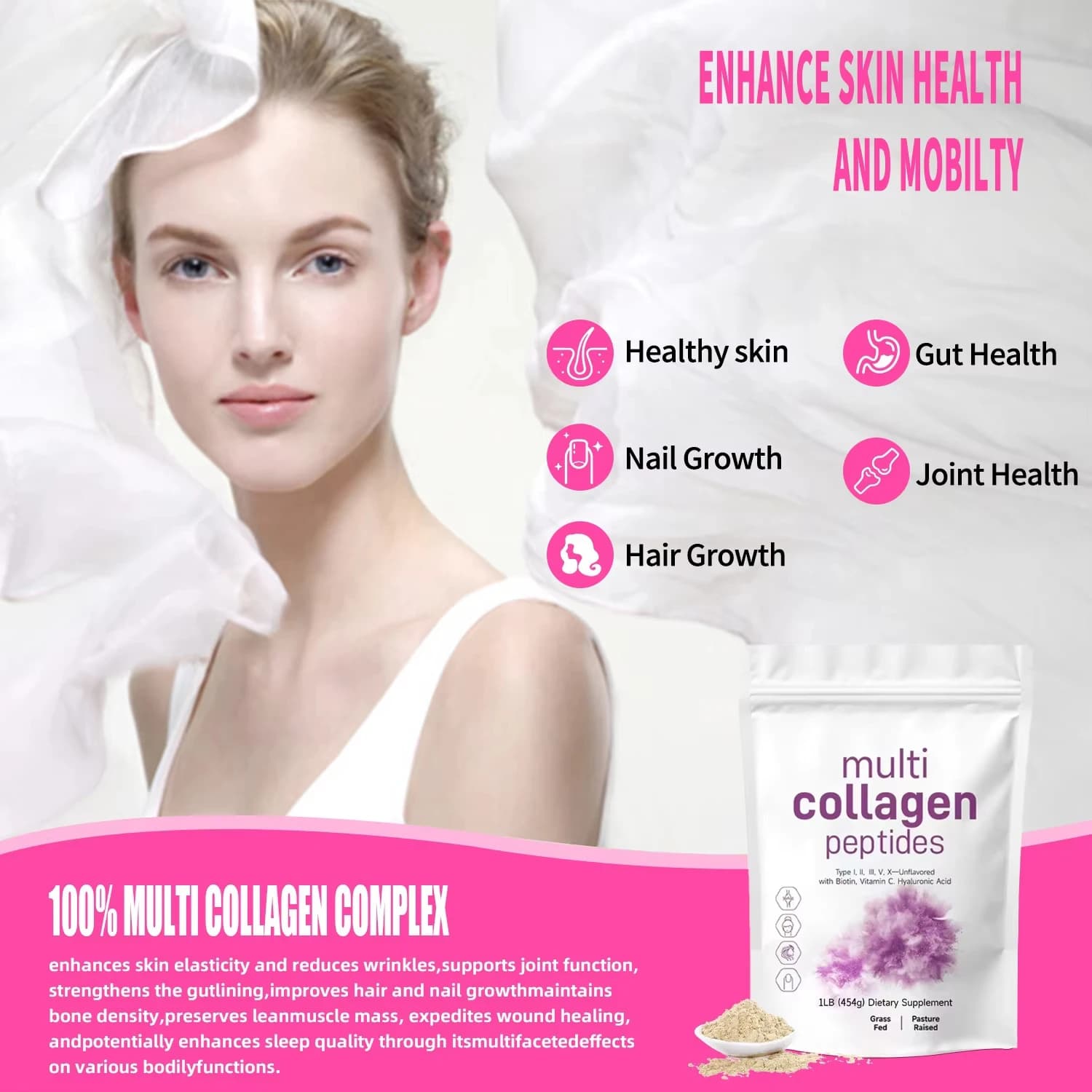 454g/1LB (Type I,II,III,V,X) Multi-colagenic protein Peptides powdered with biotin 10000mcg, vitamin C, hyaluronic acid