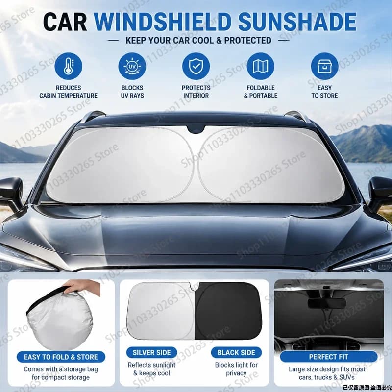 Portable Silver Black Car Front Windshield Sun Shade, Foldable Heat Insulation UV Protector, Keeps Car Interior Cool All Summer