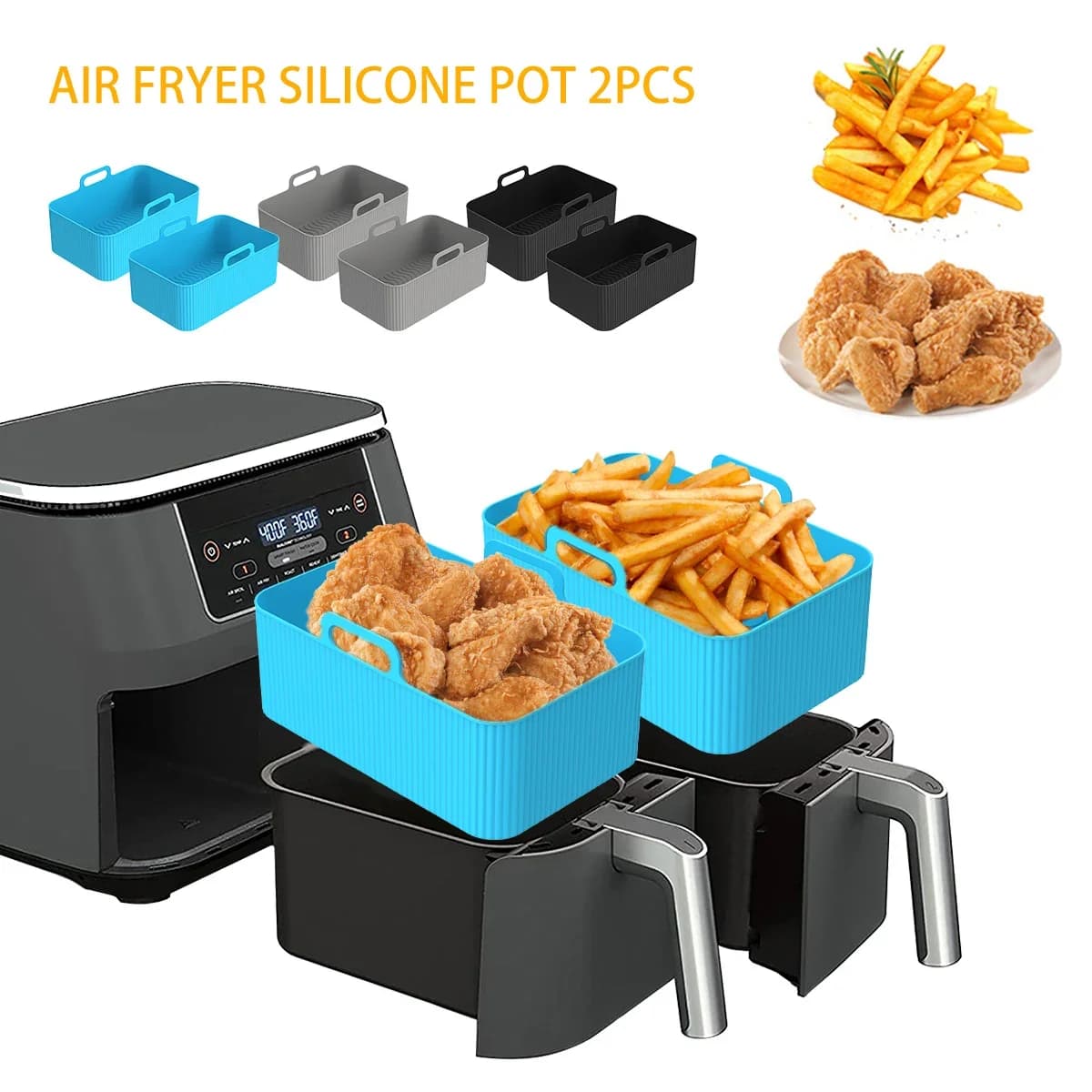 2Pcs Air Fryer Silicone Pot Heat Resistant Air Fryer Liner Basket Rectangle Baking Pan for Oven Microwave Air Fryer Accessories