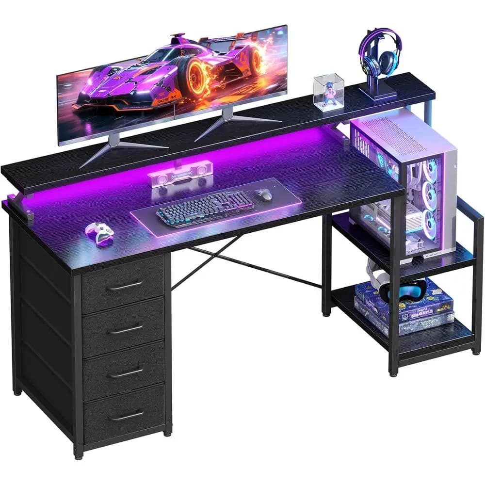 Scrivania da Gaming con 55 LED e 4 Cassetti, Scrivania per Ufficio Domestico con Supporto Monitor e Spazio di Archiviazione, Nera