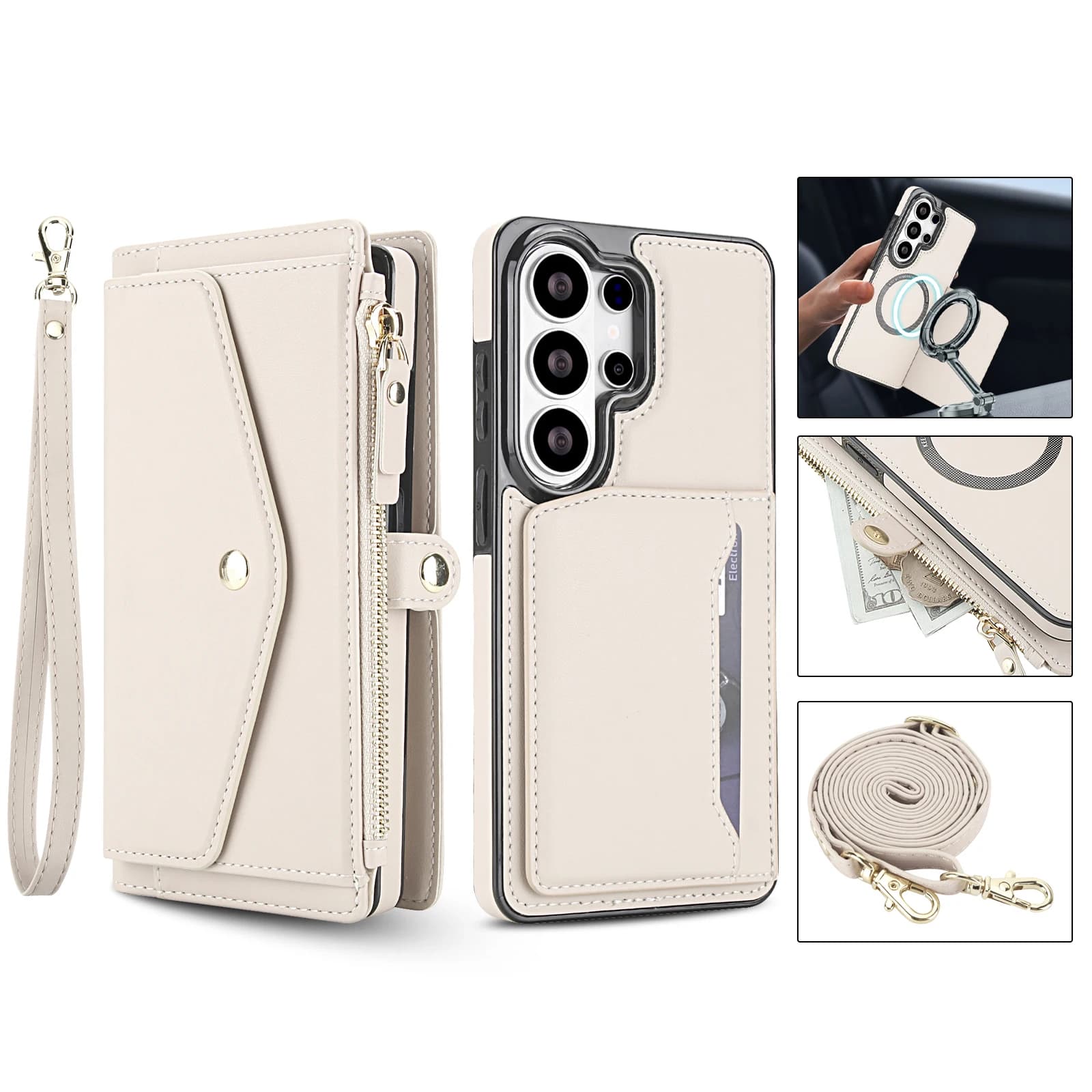 Custodia a Portafoglio per Samsung Galaxy S26 Ultra/S26 Plus/S26 da Donna, con Tracolla Magnetica Rimovibile, Porta Carte con Blocco RFID