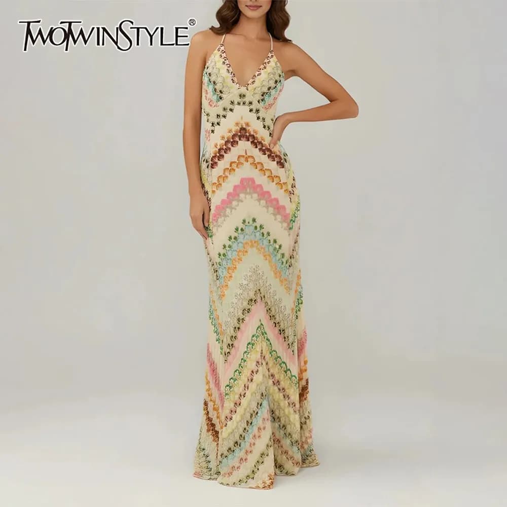 TWOTWINSTYLE Hit Color Spliced Printing Dress Female V Neck Sleeveless Slimming Vacation Travel Women's Dresses Summer Fashion