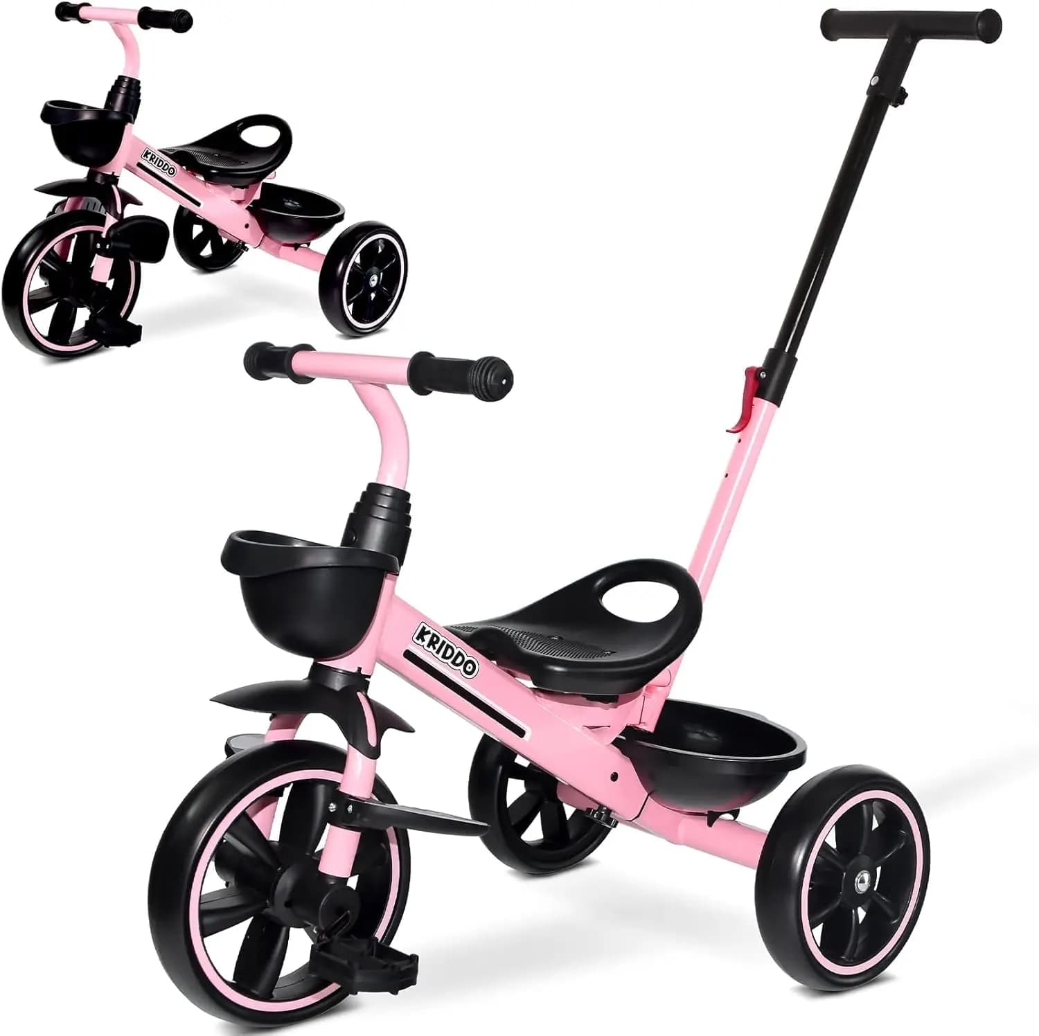 Triciclo 2-in-1 per bambini da 18 mesi a 5 anni con maniglia estensibile e poggiapiedi pieghevole, rosa