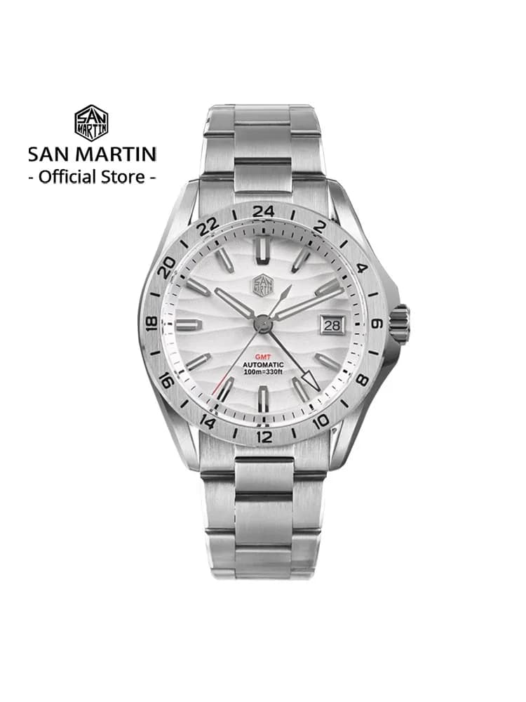 San Martin Nuovo 39mm Desert Texture Luxury Men Business Dress GMT Orologio NH34 Meccanico automatico Impermeabile 100m Luminoso SN0129