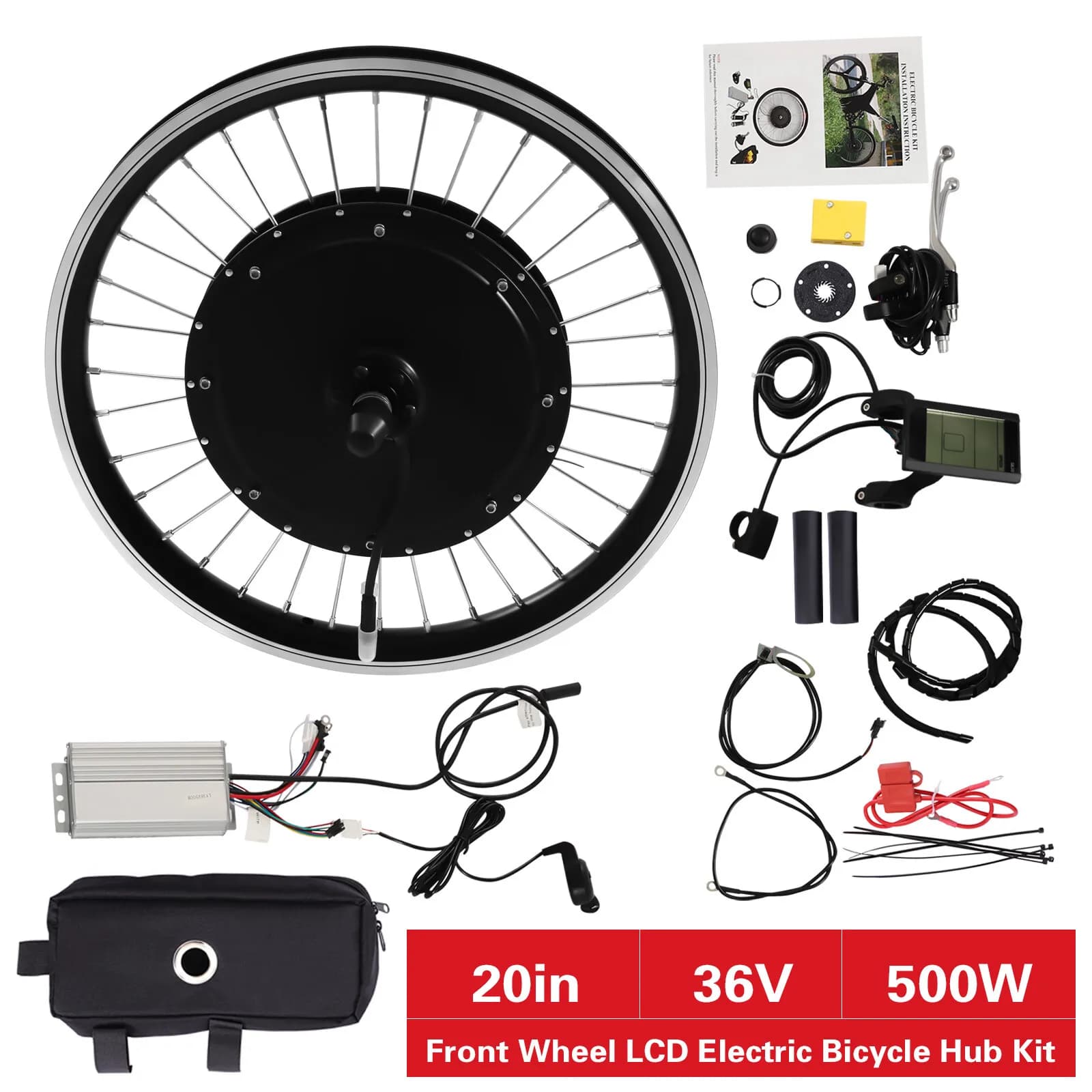 Kit di conversione motore per bicicletta elettrica 36V 500W, kit motore per ruota anteriore con display LED per biciclette da 20 pollici