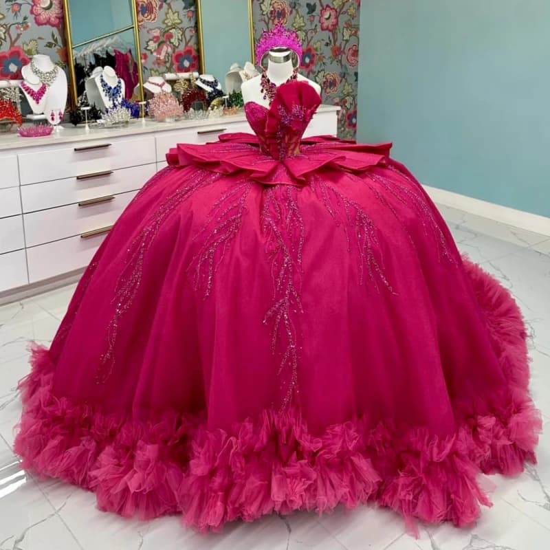 Abiti stile Quinceanera rosa rosso Abito da ballo con spalle scoperte Perline di cristallo a strati Tull Bow Festa di compleanno Dolce 16 Abiti