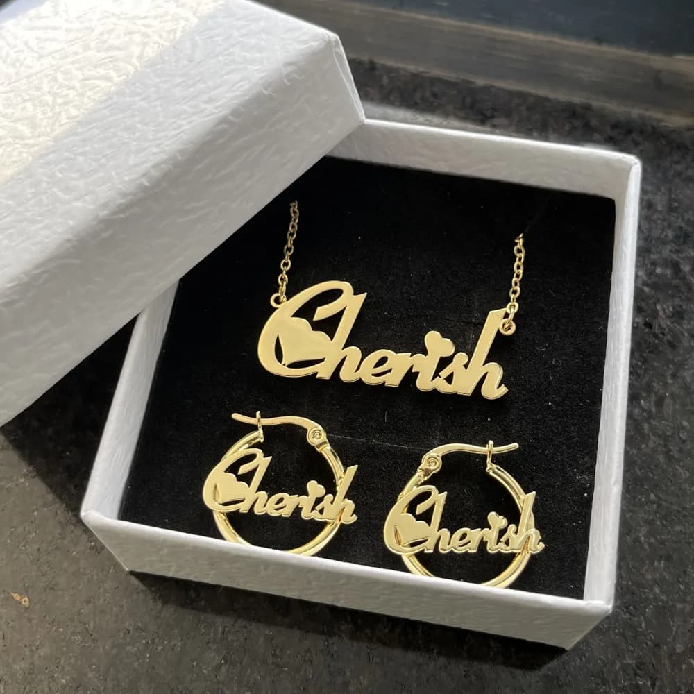 DUOYING Set di gioielli con orecchini personalizzati personalizzati 20mm cerchi con targhetta collana con nome in acciaio inossidabile regalo carino per bambini