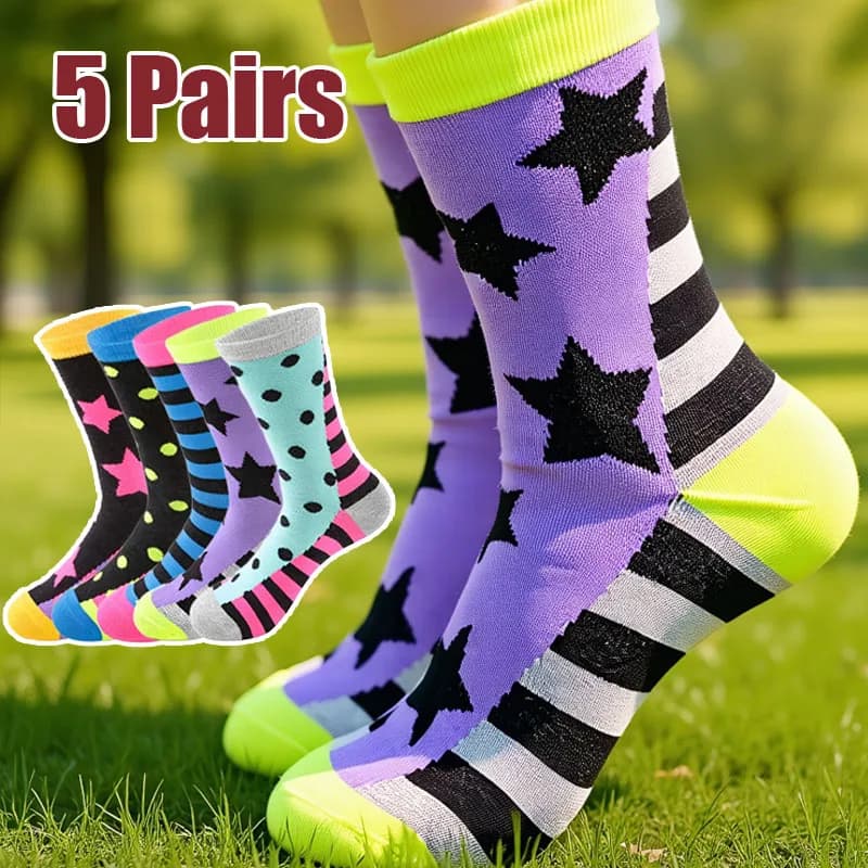 5 pairs of casual socks for women of new fashion stars socks long autumn winter socks polyester casual happy socks funny size 36-42