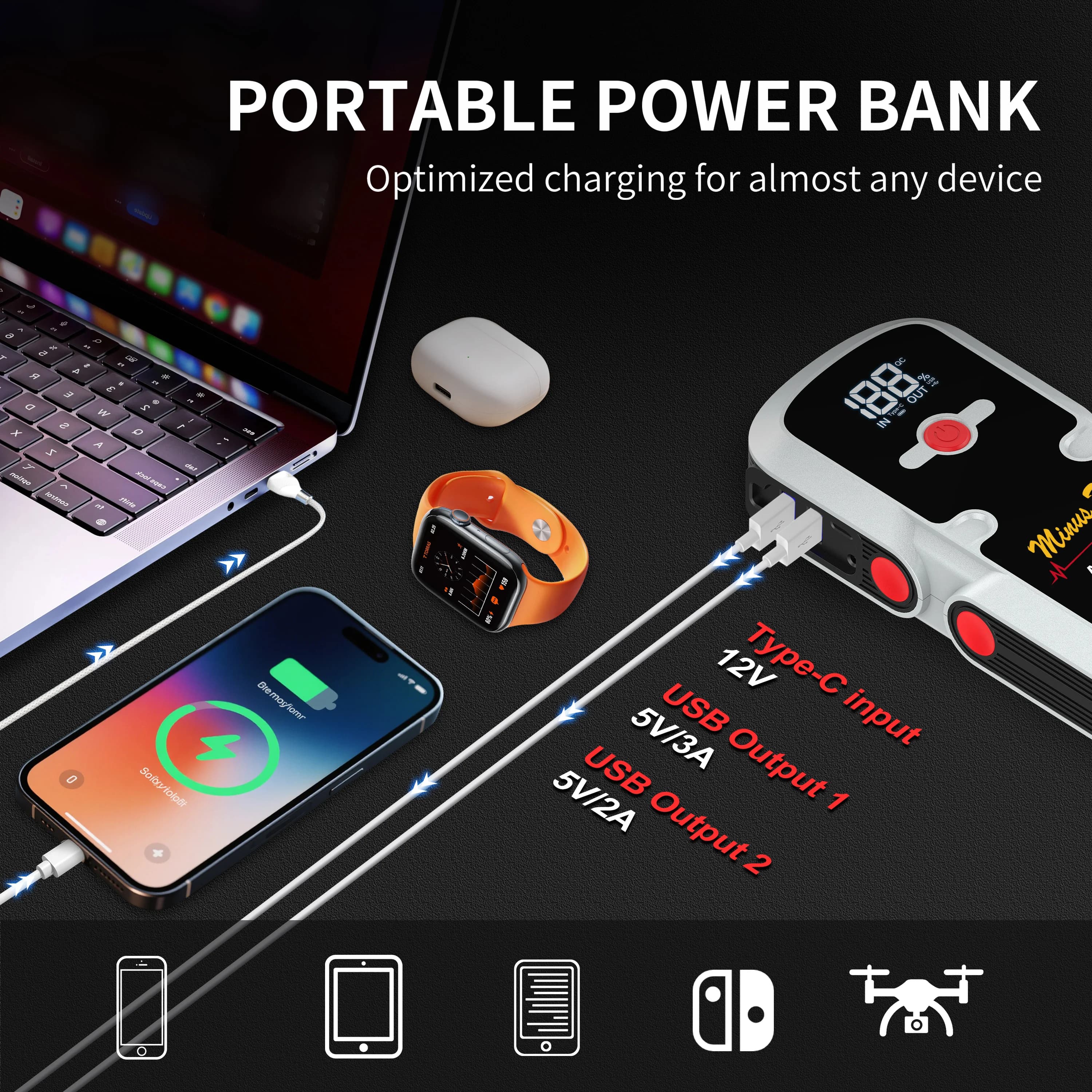 Avviatore d'emergenza portatile super veloce per motori a benzina e diesel, power bank compatto con ricarica rapida USB, torcia a LED, booster per auto