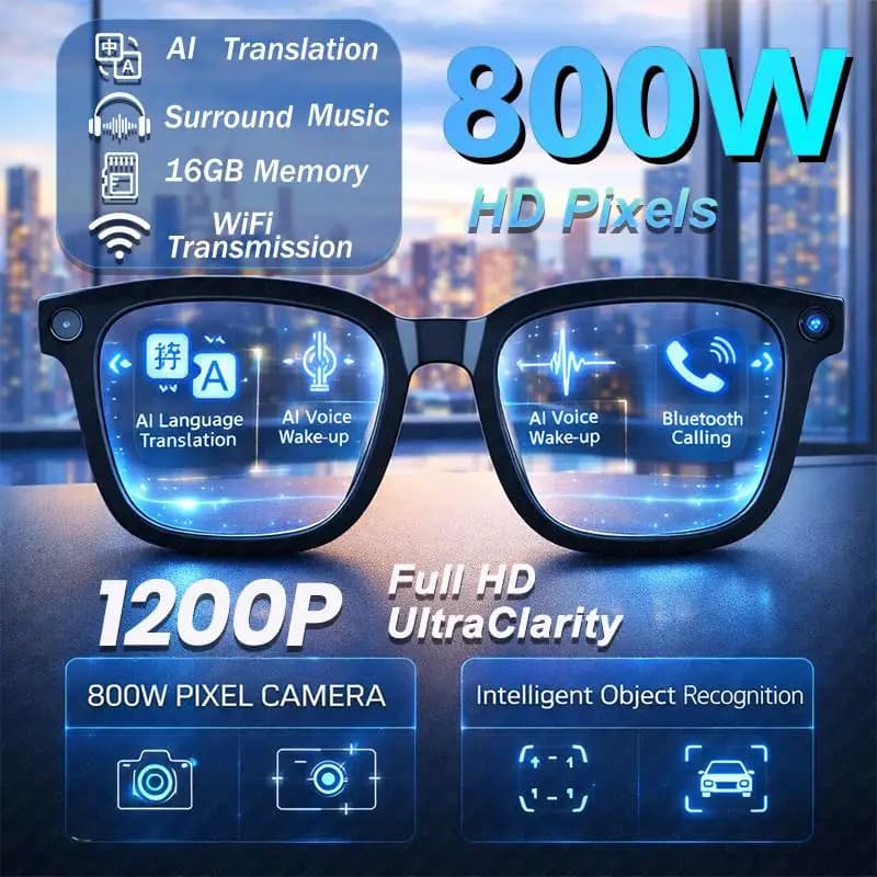 Nuovi Occhiali Smart 2026 con Fotocamera da 800W, Registrazione Foto e Video 1200P, 16GB, Chiamate Bluetooth, Traduzione, Musica, Occhiali da Sole Intelligenti per Uomo