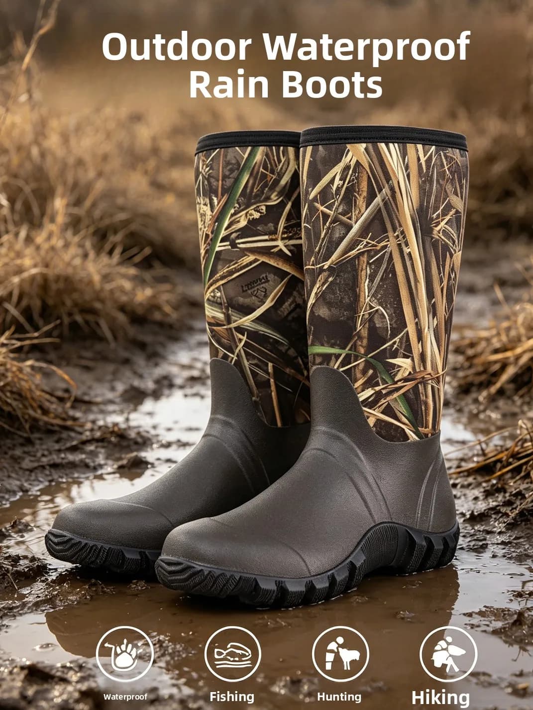 Lightweight Men's High-Cut Camouflage Print Rain Boots Waterproof Outdoor Hunting Boots Hiking Waterproof Shoes Rubber Fishin...