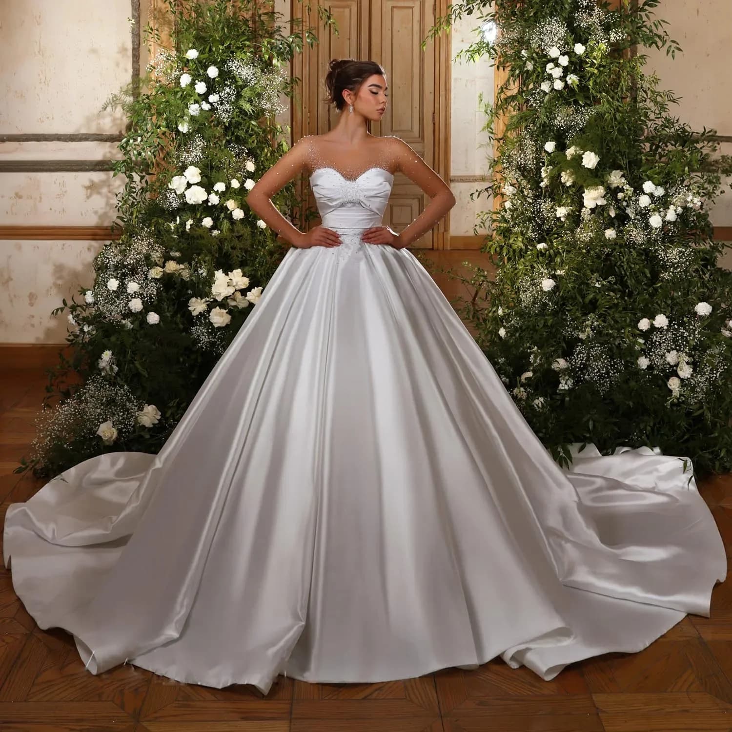 Customized Exquisite Beading Satin Ball Gown Wedding Dresses Long Sleeve Gorgeous Vestidos De Novia Illusion Back Gelinlik