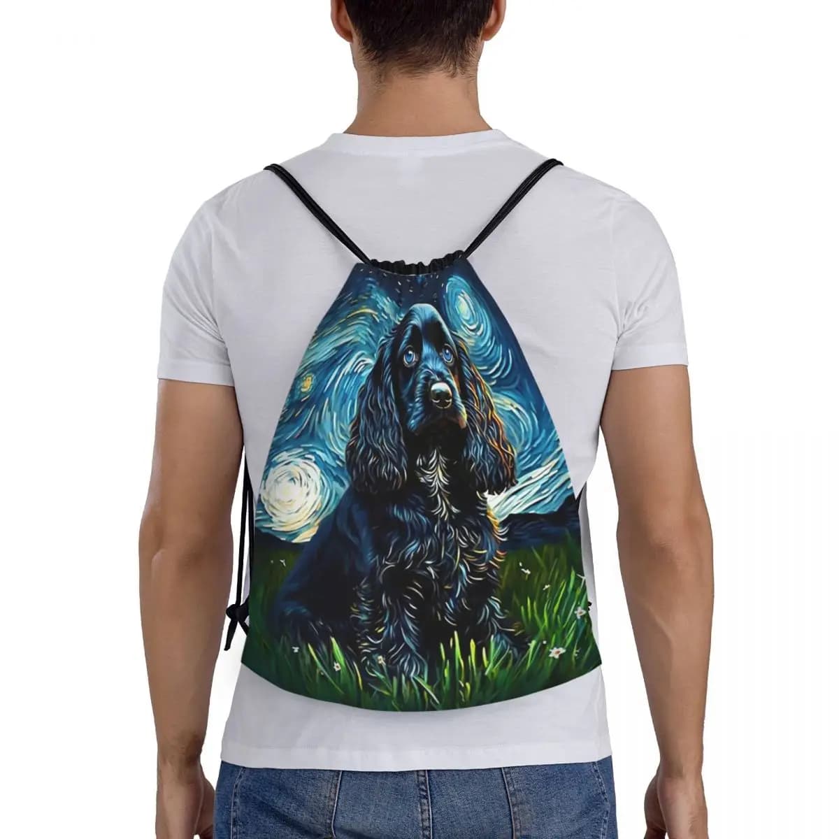 A Cocker Spaniel Puppy Starry Night Backpacks Portable Drawstring Bags Sports Bag Book Bags for Man Woman School