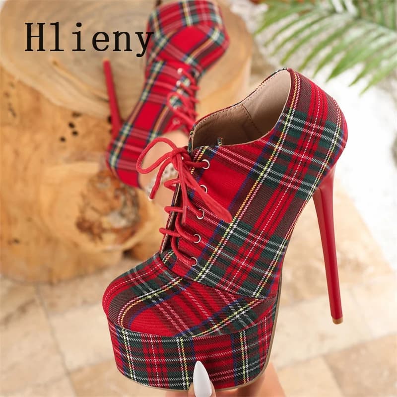 Hlieny Spring Autumn Platform High Heels Fashion Round Toe Ankle Boots Women Cross tied Pumps Sandals Shoes Zapatos Mujer
