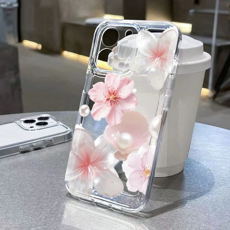 Elegant phone case with pink peach flower pearl print for iPhone 16 17 Pro Max 15 14 13 12 11 Pro Max 16E XS 7 8 Plus Transparent cover