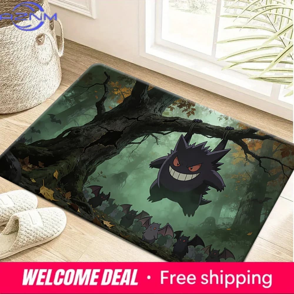 Tappetino antiscivolo con stampa Pokemon Gengar, tappetino morbido in flanella per l'arredamento della casa, della camera da letto e del soggiorno