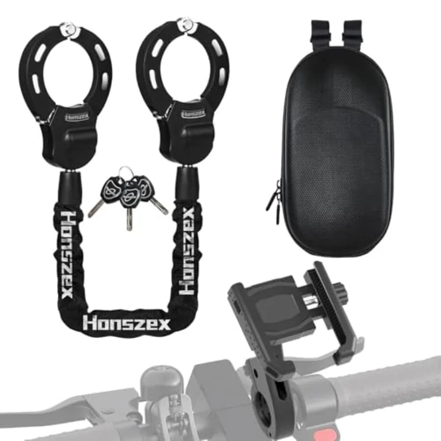 Lucchetto Antifurto per Monopattino Elettrico, Supporto Telefono per E-Scooter e Lucchetto a Catena con Chiave, Lucchetto Antifurto Resistente con Protezione Acqua