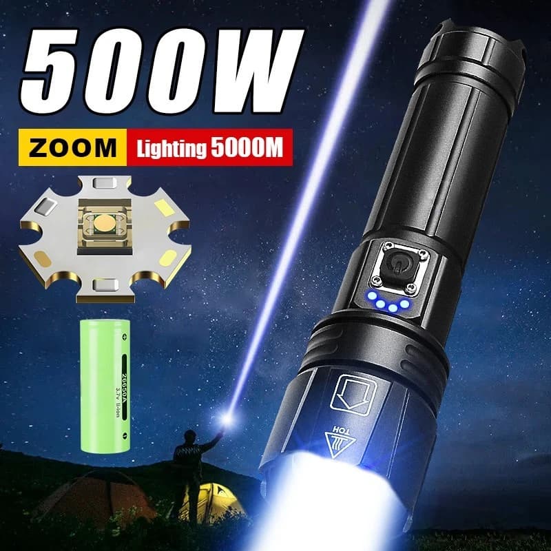 Potente torcia a LED da 500 W Zoom telescopico 5000 metri Torcia ricaricabile Torcia impermeabile Lanterna tattica come Power Bank