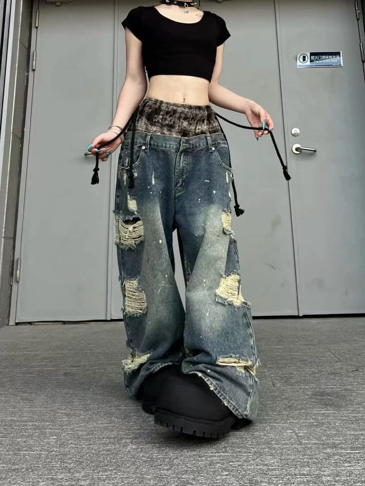 Jeans Unisex Stile Americano con Patchwork a Quadri, Design a Doppia Vita, Lavaggio Street Style, Effetto Consumato e Strappato, Gamba Larga