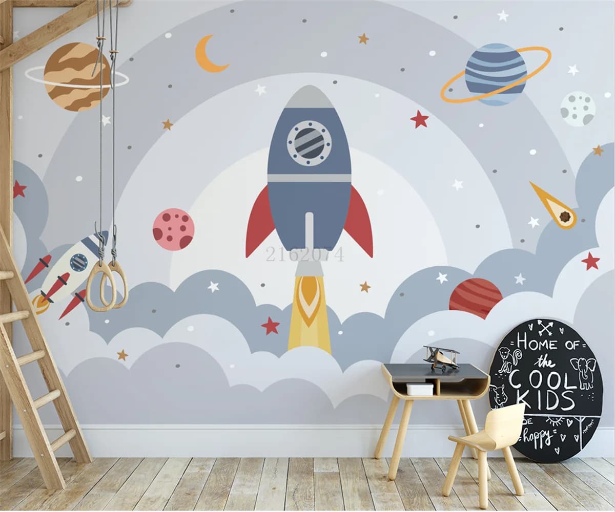 foto carta da parati Nordic moderno dipinto a mano cartone animato spazio universo pianeta razzo camera dei bambini sfondo Pittura decorativa