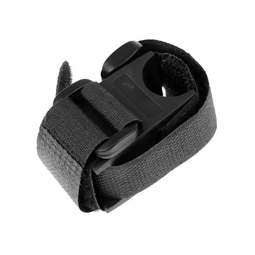 Bike torch holder, nylon adjustable strap, black clip for bicycle headlight, handlebar and helmet accessory
