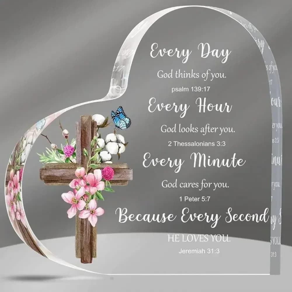 Wooden Cross Pink Flower Cotton Heart Clear Acrylic Block Scripture Faith Tabletop Keepsake