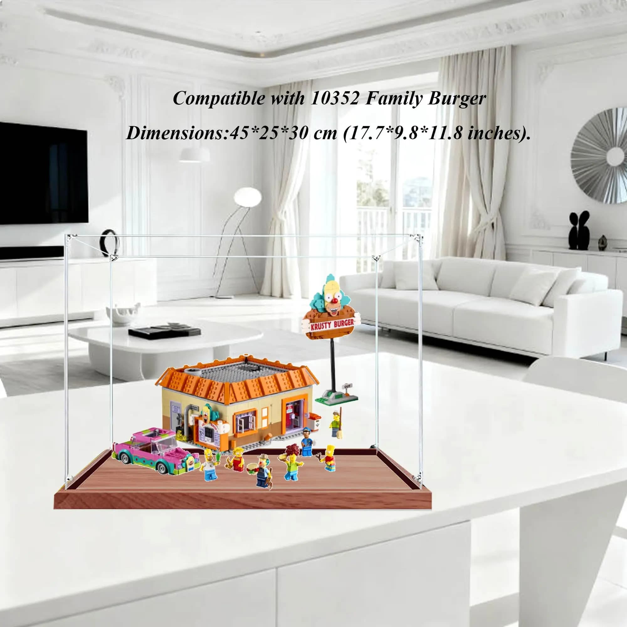 Vetrina in acrilico compatibile con i set di hamburger della famiglia Lego 10352, vetrina, scatola di immagazzinaggio antipolvere (solo scatola di visualizzazione)