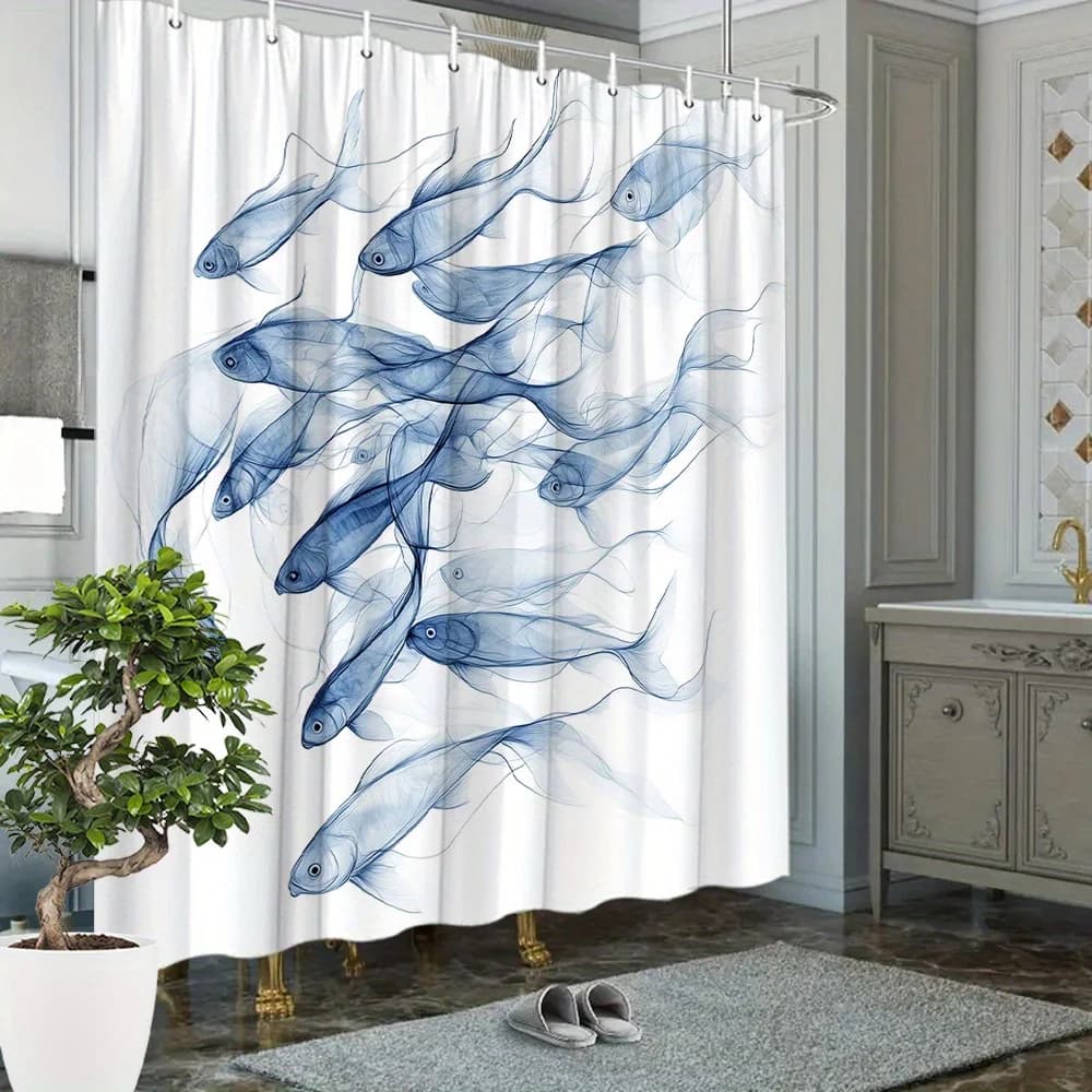 Minimalist Ink Wash Blue Transparent School of Fish White Background Print Shower Curtain Waterproof Mildew Resistant Polyester