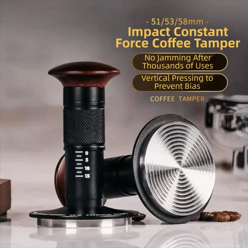 Auto Release Espresso Machine Tamper SUS304 with Markings Spring Loaded Tamper Walnut Handle Sound Feedback Coffee Powder Hammer