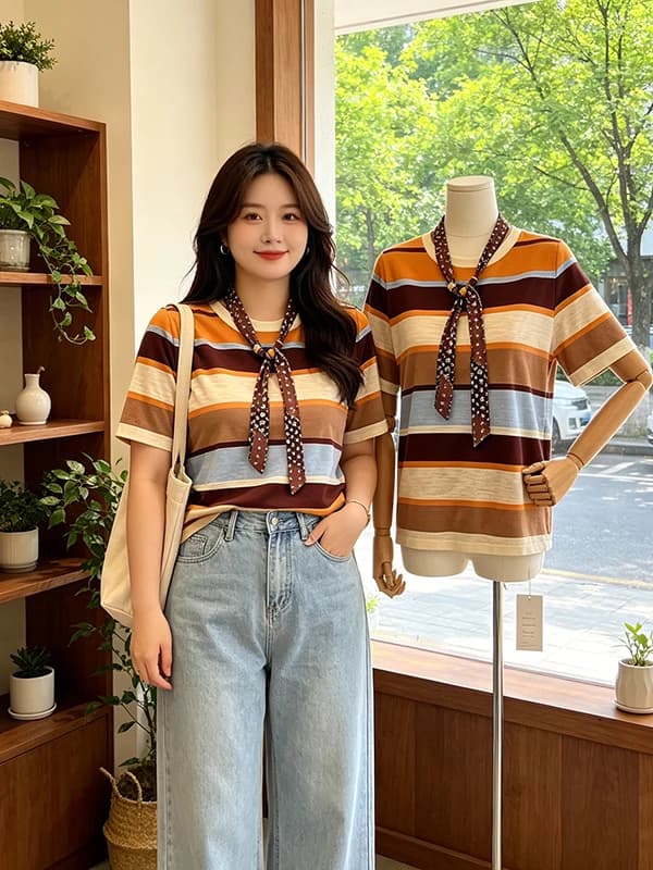 Large Size Korean Retro Striped Knitted Summer T-Shirt Breathable Scarf Style Color Block round Neck Women's Top Fashion