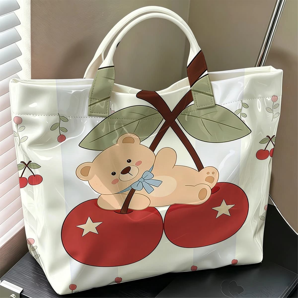 Big Cherry Star Hug Bear Fashion Large Glossy PVC Tote Bag Hand Washable Waterproof Travel Commute Cosmetic Storage Shopper