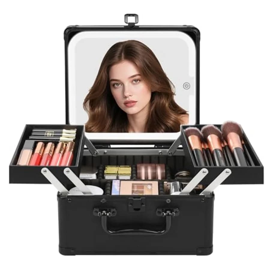 Borsa per il Trucco con Specchio, Valigetta da Viaggio Grande per Cosmetici con 2 Vassoi e Specchio con Luci LED, Porta Pennelli