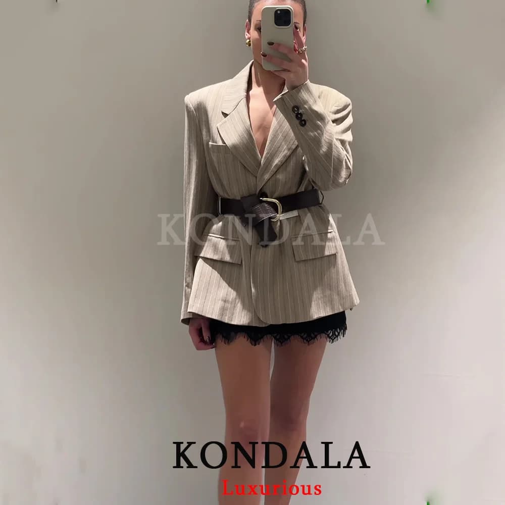 KONDALA Blazer Vintage da Ufficio per Donna, Kaki a Righe con Scollo a V, Monopetto con Cintura e Tasche, Nuova Moda Primavera 2026, Blazer Chic