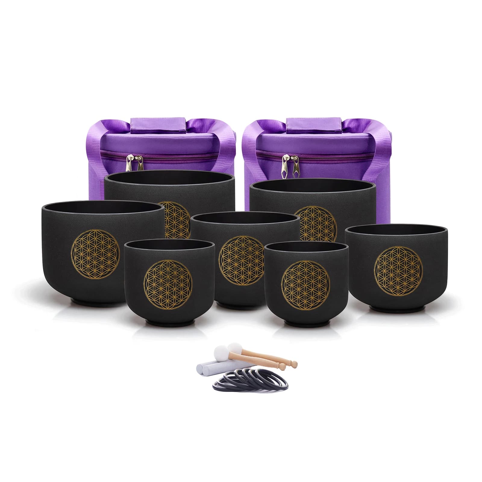 Hye-eun 7Pcs 440/432hz Life Flower Design Black Crystal Singing Bowl Set with Bags Yoga Meditation for Sound Healing
