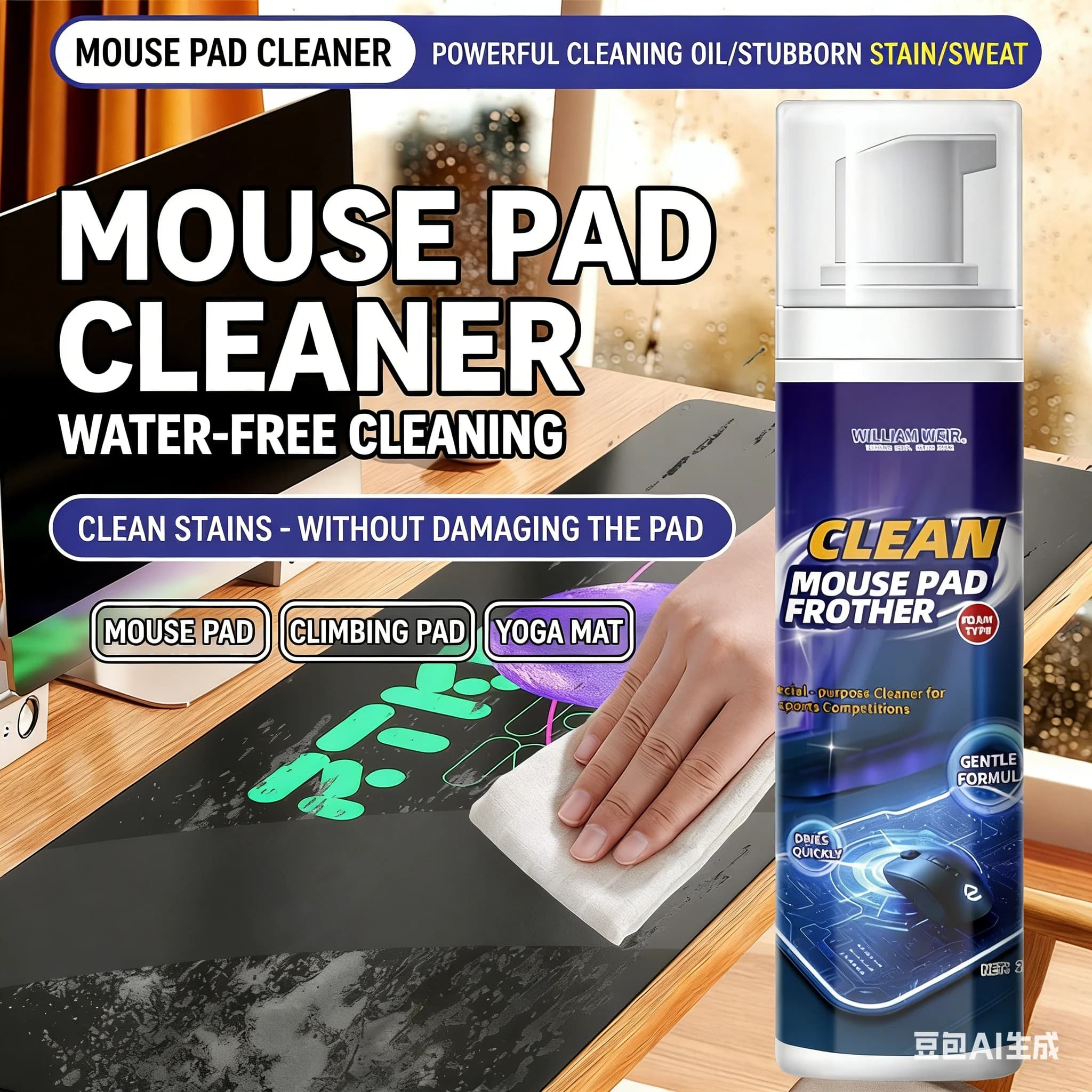 Detergente per tappetini per mouse, pulizia e decontaminazione di tappetini per scrivania studenteschi, cavi dati domestici, tastiere, detergente a secco per mouse da gaming