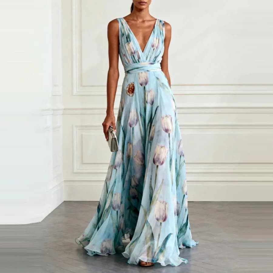 【Nuovo stile】 Abito da donna senza maniche con scollo a V, stampa tulipani blu, stile europeo e americano, elegante per banchetti, collezione 2026