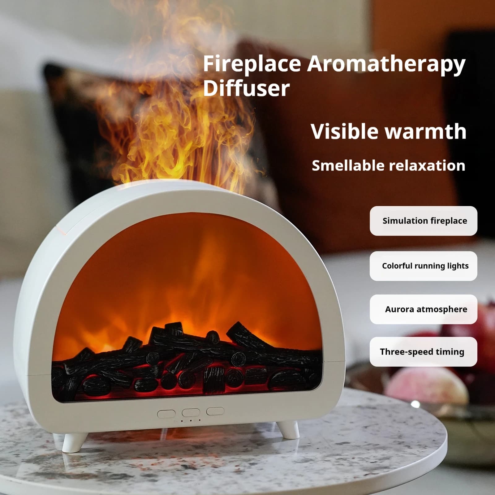 Umidificatore di aroma di simulazione di fiamma per caminetto 3D Piccolo diffusore di olio essenziale di venature del legno intelligente per soggiorno camera da letto